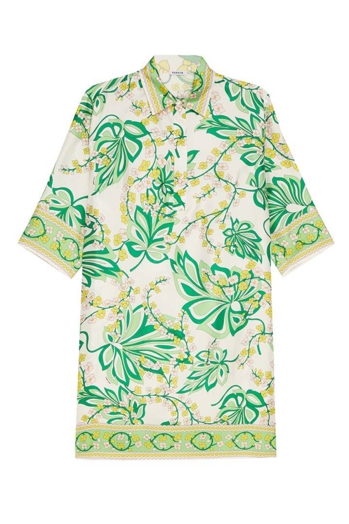 бежевая блестящая одежда с зеленым принтом