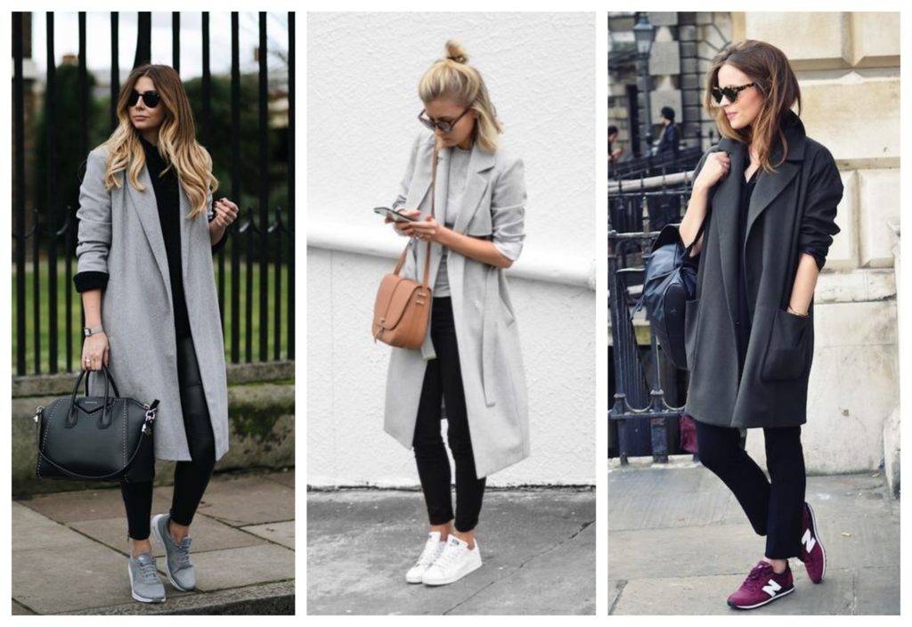Серое пальто с кроссовками