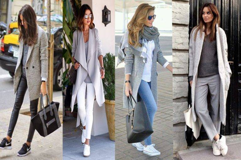 Серое пальто с кроссовками