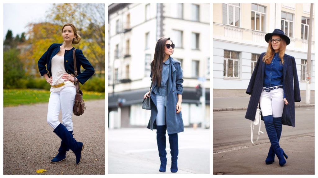 С чем носить синие замшевые сапоги