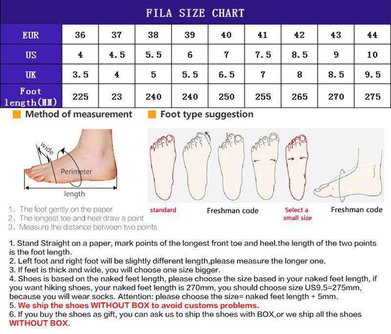 Кроссовки Fila: размерная сетка